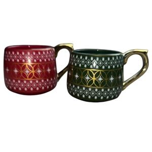 Harry & David Brand New Set of Christmas Red and Green Mugs, Gold Accents